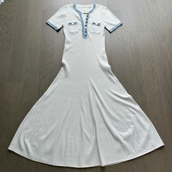 SANDRO Alecia Knit Denim Trim Midi Dress White Button Detail - FR 42 / US 10 - Picture 2 of 12